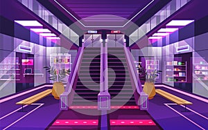 Mall or supermarket aisle with escalator. Vector