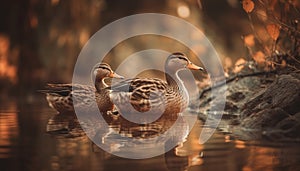Mallard duck family enjoys tranquil pond outdoors generated by AI