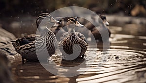 Mallard duck family quacking by pond in autumn grass background generated by AI