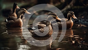 Mallard duck family swimming in tranquil pond generative AI