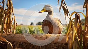 Mallard Duck In Farm Field: A Captivating Photo With Warm Tones