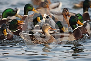 Mallard duck,male and female swimming on pond.