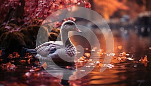 Mallard duck quacking in pond at sunset generated by AI