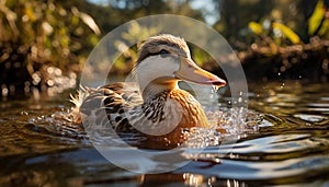 Mallard duck quacking, reflecting beauty in nature tranquil pond generated by AI