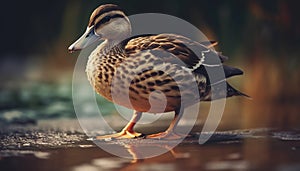 Mallard duck quacking in tranquil pond water generative AI