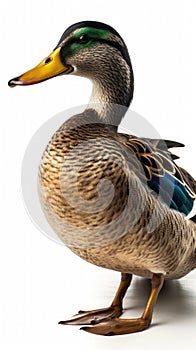 Mallard duck standing in front of a white background