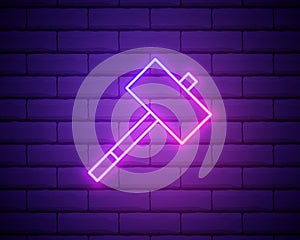 Mallet neon icon. Vector illustration for design. hammer glowing sign. Construction tools concept isolated on brick wall