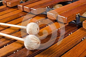 Mallets on marimba, close up photo