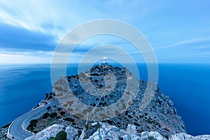 Mallorca lighthouse blue hour Majorca Cap Formentor landscape Mediterranean Sea Spain copyspace travel