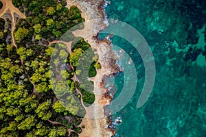 Mallorca rocky shoreline in Sa Coma Spain Mallorca seen from drone