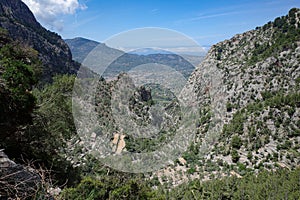 Mallorca, Spain - 12 June, 2023: The Barranc de Biniaraix and GR221 hiking trails in the Tramuntana Mountains, Mallorca