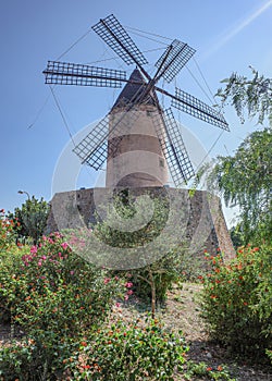 Mallorca, Spain - 8 Oct, 2023: Traditional Balearic windmill in Santa Ponsa, Mallorca