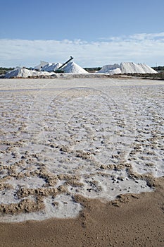 Mallorca, Spain - Nov 1 2023: Natural salt harvesting at the Salines des Trenc