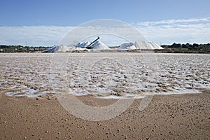 Mallorca, Spain - Nov 1 2023: Natural salt harvesting at the Salines des Trenc