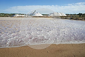 Mallorca, Spain - Nov 1 2023: Natural salt harvesting at the Salines des Trenc