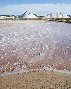 Mallorca, Spain - Nov 1 2023: Natural salt harvesting at the Salines des Trenc