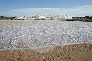 Mallorca, Spain - Nov 1 2023: Natural salt harvesting at the Salines des Trenc