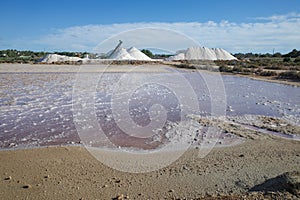 Mallorca, Spain - Nov 1 2023: Natural salt harvesting at the Salines des Trenc