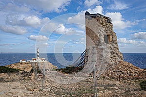 Mallorca, Spain - Oct 22, 2023: Tor de Cala Figuera and Lighthouse on the island of Mallorca