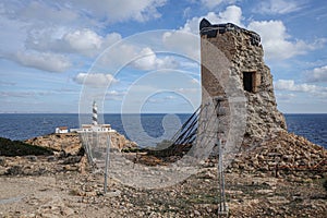 Mallorca, Spain - Oct 22, 2023: Tor de Cala Figuera and Lighthouse on the island of Mallorca