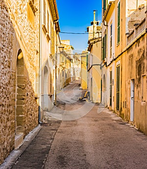 Mallorca Spain, old houses at street of Alcudia