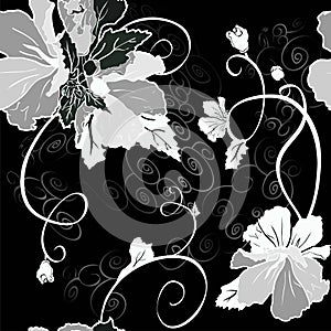 Mallow flower seamless set black, grey and white variant