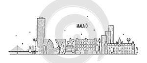 Malmo skyline Sweden city buildings vector linear