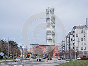 Street view of Turning Torso skyscraper. It is the tallest building in Scandinavia