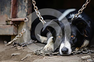 Malnourished Abused dog locked in chains. Generate ai