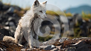 Malnourished arctic fox alone, melting glaciers, climate change, global warming effect