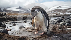 Malnourished penguin alone, melting glaciers, climate change, global warming effect