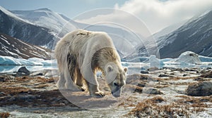 Malnourished polar bear alone, melting glaciers, climate change, global warming effect