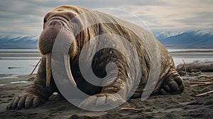 Malnourished walrus alone, melting glaciers, climate change, global warming effect