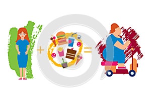 Malnutrition leads to obesity, fat people vector illustration. Healthy girl plus fast food, unbalanced sweet, alcohol