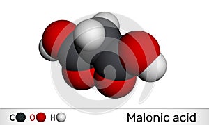 Malonic acid, dicarboxylic, propanedioic acid molecule. The ionized form its ester and salt, are known as malonate. Molecular photo