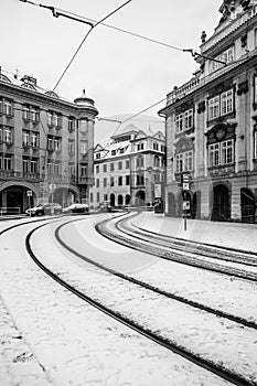 Malostranske Square with snow covered street