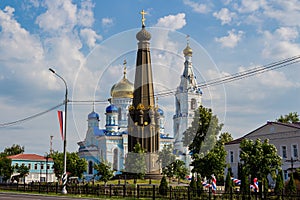 Maloyaroslavets, Russia - June 2019: View of the square with the monument to the war of 1812 and the Assumption Cathedral