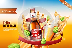 Malt beer ad banner design. Premium alcohol drink. Product advertising realistic label. Yeast beverage. Pint glass