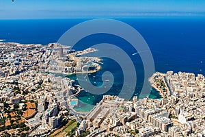 Malta aerial view. St. Julian`s or San Giljan, and Tas-Sliema cities. St. Julian`s bay, Balluta bay, Spinola bay.