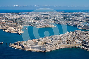 Malta aerial view. Valetta, capital city of Malta, Grand Harbour, Kalkara, Senglea and Vittoriosa towns.