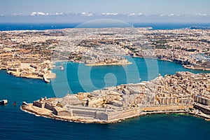 Malta aerial view. Valetta, capital city of Malta, Grand Harbour, Kalkara, Senglea and Vittoriosa towns, Fort Ricasoli.
