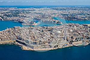 Malta aerial view. Valetta, capital city of Malta, Grand Harbour, Senglea and Il-Birgu Vittoriosa towns.