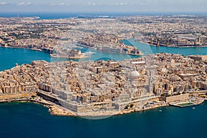 Malta aerial view. Valetta, capital city of Malta, Grand Harbour, Senglea and Il-Birgu or Vittoriosa towns, Fort Ricasoli.