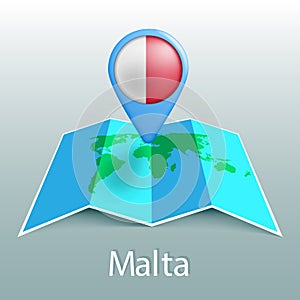 Malta flag world map in pin with name of country