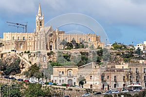 Malta, Gozo, view of Our Lady of Lourdes, Mgarr church on top of a hill