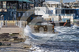 Rough sea in St Pauls bay in the Bugibba area of Malta