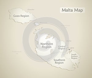 Malta map, Current regions with names, old paper background