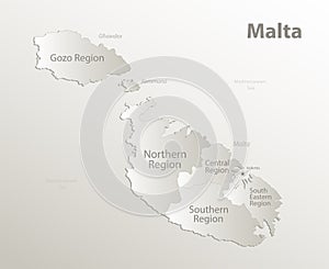 Malta map, Current regions, separates regions and names, card paper 3D natural