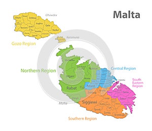 Malta map, Current regions whit names, Politics of Malta, isolated on white background