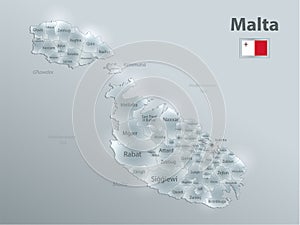 Malta map and flag, administrative division, separates regions and names, design glass card 3D